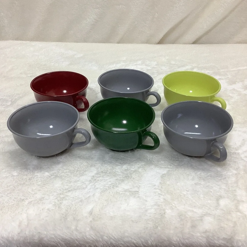 Hazel Atlas Ovide Platonite 6 Vintage Milk Glass Tea Cup Red Yellow Green Gray